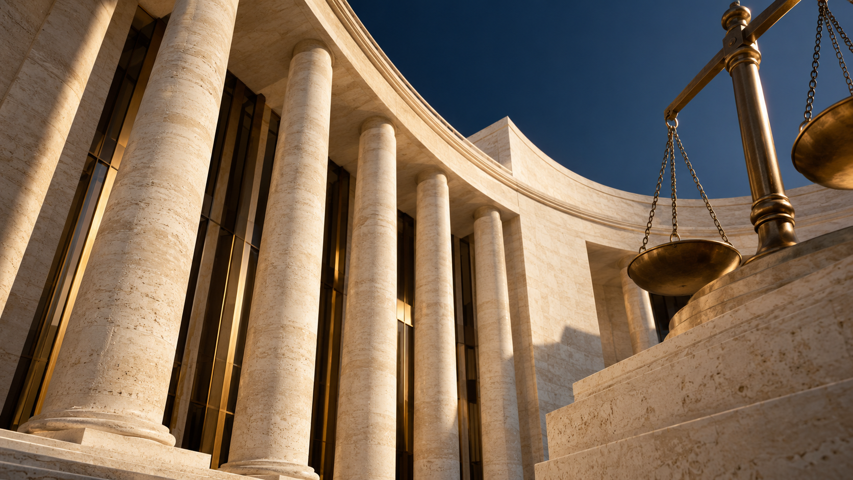 Sunlit stone columns and a sculptural balance scale