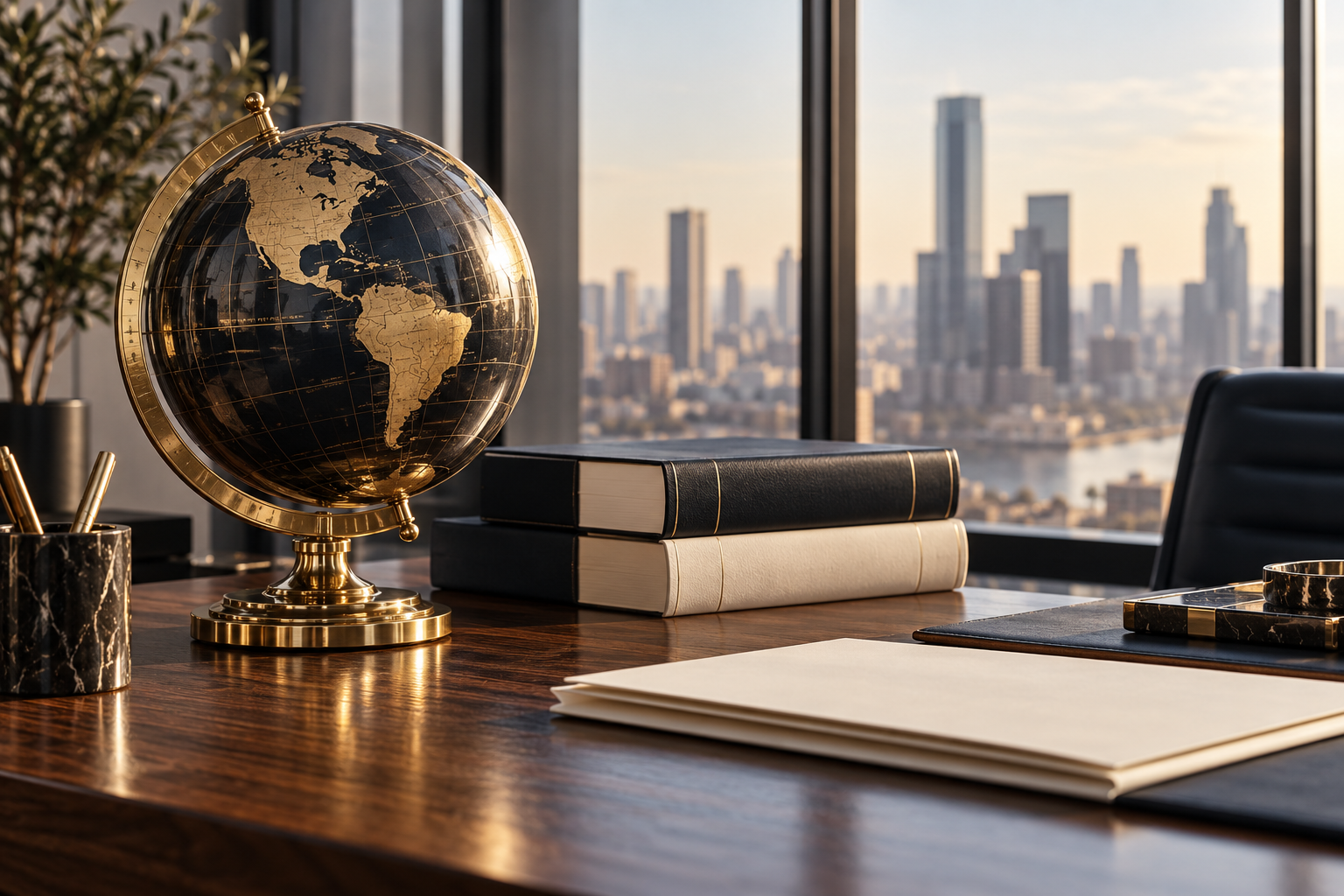 Brass globe and legal books in a calm contemporary study